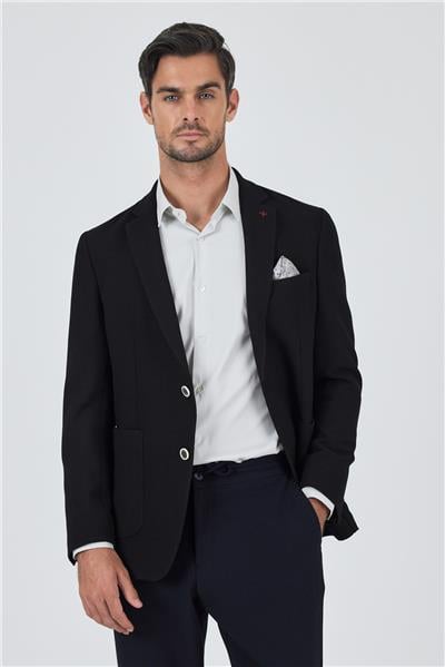 Siyah Mono Yaka Gofreli  Esnek 6 Drop Slim Fit Casual  Ceket 1002250125