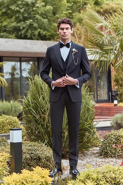 Siyah Çıkarılabilir Kırlangıç Yaka Yelekli Likralı 6 Drop Slim Fit Smokin Damatlık 1001240200