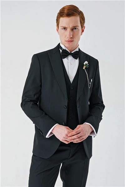 Siyah Çıkarılabilir Kırlangıç Yaka Yelekli Likralı 6 Drop Slim Fit Smokin Damatlık 1001240200