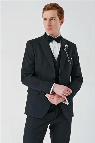 Siyah Çıkarılabilir Kırlangıç Yaka Yelekli Likralı 6 Drop Slim Fit Smokin Damatlık 1001240200