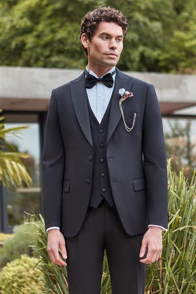 Siyah Çıkarılabilir Kırlangıç Yaka Yelekli Likralı 6 Drop Slim Fit Smokin Damatlık 1001240200