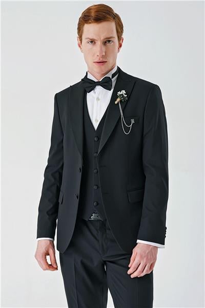 Siyah Çıkarılabilir Kırlangıç Yaka Yelekli Likralı 6 Drop Slim Fit Smokin Damatlık 1001240200