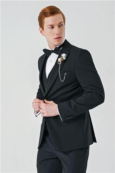 Siyah Çıkarılabilir Mono Yaka Yelekli Likralı 6 Drop Slim Fit Smokin Damatlık 1001240201