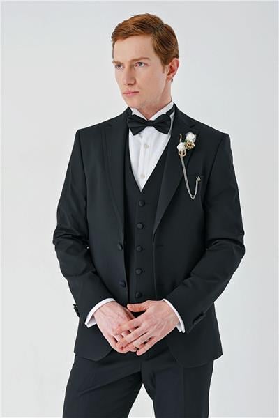 Siyah Çıkarılabilir Mono Yaka Yelekli Likralı 6 Drop Slim Fit Smokin Damatlık 1001240201