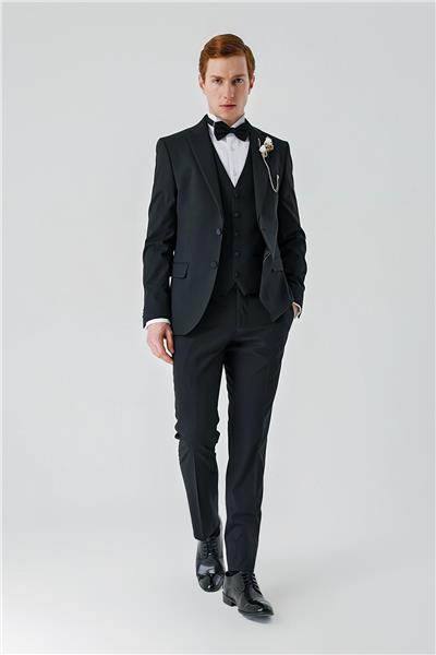 Siyah Çıkarılabilir Mono Yaka Yelekli Likralı 6 Drop Slim Fit Smokin Damatlık 1001240201