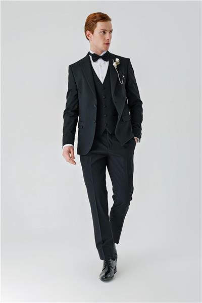 Siyah Çıkarılabilir Mono Yaka Yelekli Likralı 6 Drop Slim Fit Smokin Damatlık 1001240201