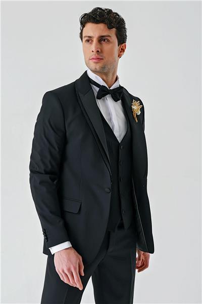 Siyah Çıkarılabilir Şal Yaka Yelekli Likralı 6 Drop Slim Fit Smokin Damatlık 1001240203