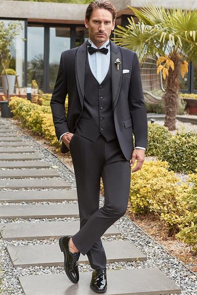 Siyah Çıkarılabilir Şal Yaka Yelekli Likralı 6 Drop Slim Fit Smokin Damatlık 1001240203