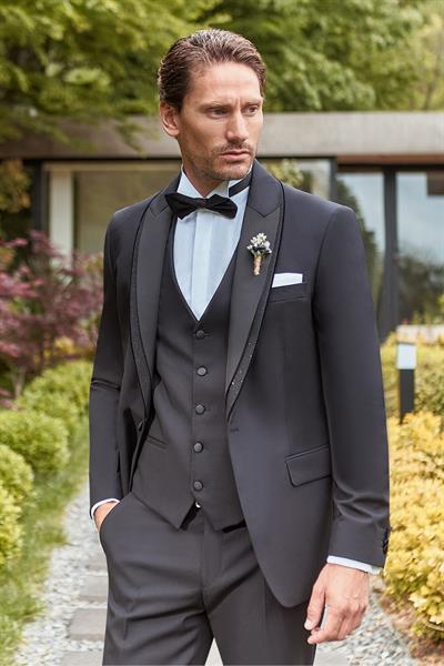 Siyah Çıkarılabilir Şal Yaka Yelekli Likralı 6 Drop Slim Fit Smokin Damatlık 1001240203