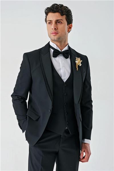 Siyah Çıkarılabilir Şal Yaka Yelekli Likralı 6 Drop Slim Fit Smokin Damatlık 1001240203