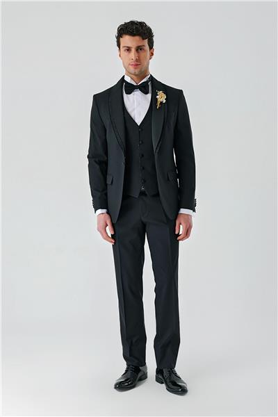 Siyah Çıkarılabilir Şal Yaka Yelekli Likralı 6 Drop Slim Fit Smokin Damatlık 1001240203