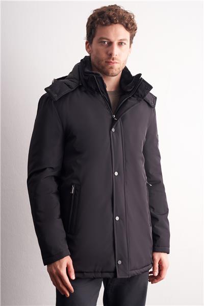 Siyah Çıkma Kapşonlu Dik Yaka Yırtmaçsız Esnek Classic Kaban 1008255165