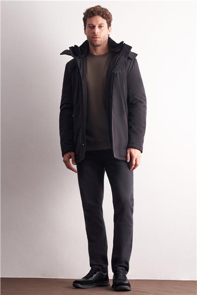 Siyah Çıkma Kapşonlu Dik Yaka Yırtmaçsız Esnek Classic Kaban 1008255165