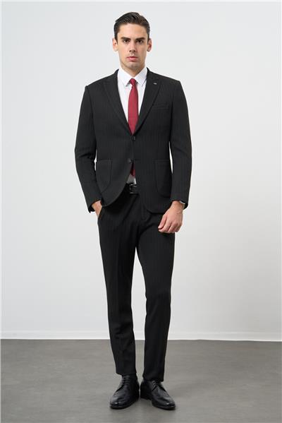 Siyah Desen Örme Kılıç Yaka Beli Lastikli 6 Drop Slim Fit Classic Takım Elbise 1001245170