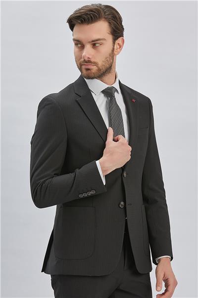 Siyah Çizgili Mono Yaka Astarlı Likralı 6 Drop Slim Fit Dar Kesim Casual Takım Elbise 1001240171