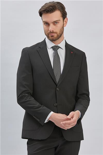 Siyah Çizgili Mono Yaka Astarlı Likralı 6 Drop Slim Fit Dar Kesim Casual Takım Elbise 1001240171