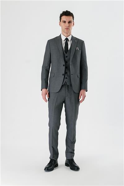 Siyah Desenli Kırlangıç Yaka Yelekli 6 Drop Slim Fit Dar Kesim Klasik Takım Elbise 1001240157