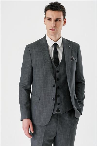 Siyah Desenli Kırlangıç Yaka Yelekli 6 Drop Slim Fit Dar Kesim Klasik Takım Elbise 1001240157