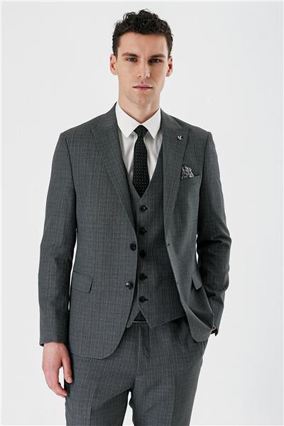 Siyah Desenli Kırlangıç Yaka Yelekli 6 Drop Slim Fit Dar Kesim Klasik Takım Elbise 1001240157