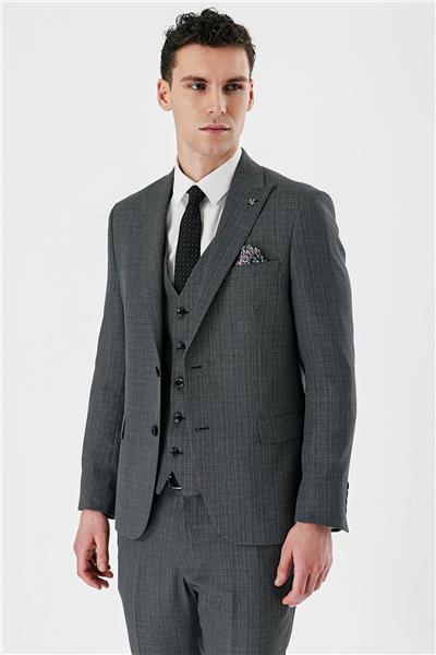 Siyah Desenli Kırlangıç Yaka Yelekli 6 Drop Slim Fit Dar Kesim Klasik Takım Elbise 1001240157