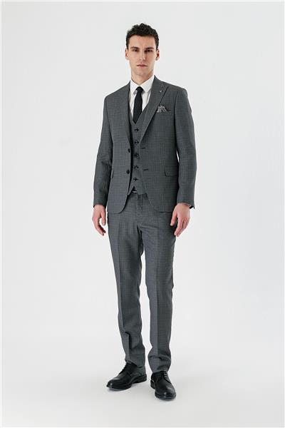 Siyah Desenli Kırlangıç Yaka Yelekli 6 Drop Slim Fit Dar Kesim Klasik Takım Elbise 1001240157