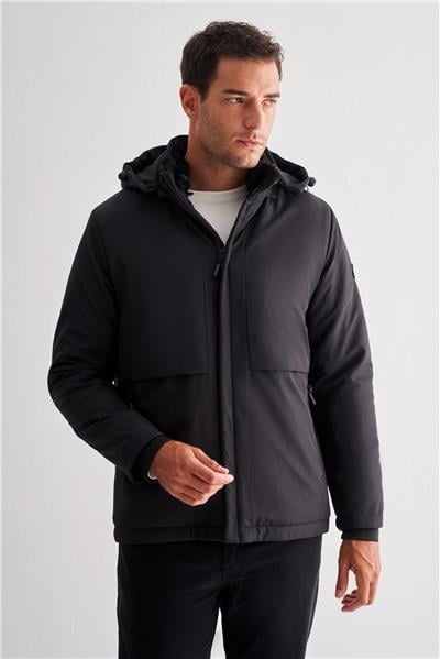 Siyah Dik Yaka Çıkma Kapşonlu Slim Fit Casual Mont 1007255133