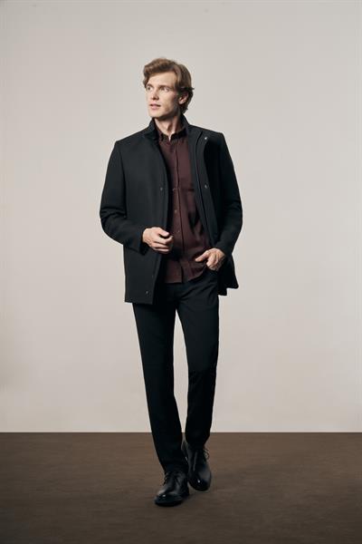 Siyah Dik Yaka Tam Astar Classic Slim Fit Esnek Kaşe Kaban 1008255150