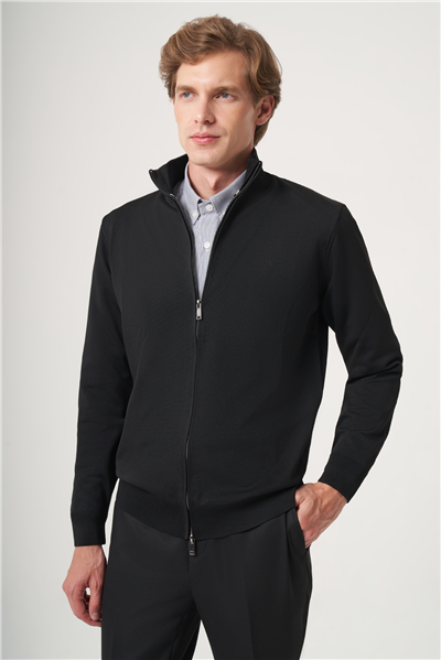 Siyah Dik Yaka Uzun Kol Örme Comfort Fit Pamuklu Hırka Kazak 1012265157