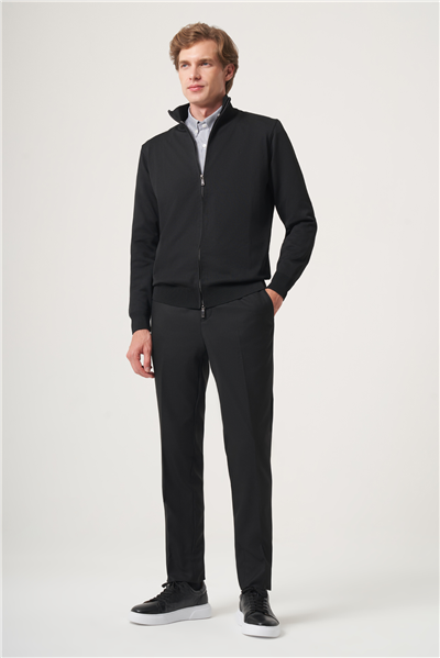 Siyah Dik Yaka Uzun Kol Örme Comfort Fit Pamuklu Hırka Kazak 1012265157