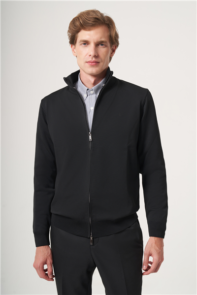 Siyah Dik Yaka Uzun Kol Örme Comfort Fit Pamuklu Hırka Kazak 1012265157