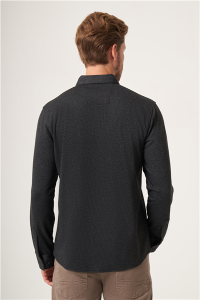 Siyah Düğmeli Yaka Dokulu Örme Slim Fit Esnek Gömlek 1004265169