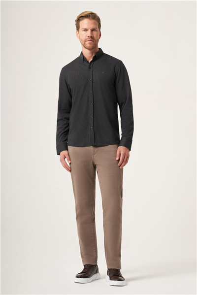 Siyah Düğmeli Yaka Dokulu Örme Slim Fit Esnek Gömlek 1004265169