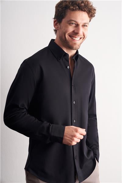 Siyah Düğmeli Yaka Kendinden Desenli Örme Uzun Kol Performans Ürün Slim Fit %100 Pamuk Gömlek 1004255272
