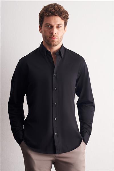 Siyah Düğmeli Yaka Kendinden Desenli Örme Uzun Kol Performans Ürün Slim Fit %100 Pamuk Gömlek 1004255272