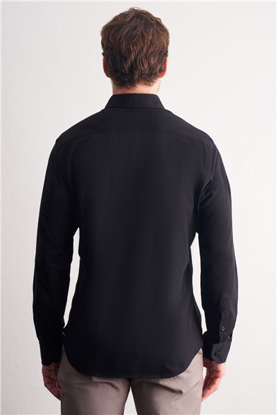 Siyah Düğmeli Yaka Kendinden Desenli Örme Uzun Kol Performans Ürün Slim Fit %100 Pamuk Gömlek 1004255272