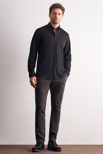 Siyah Düğmeli Yaka Örme Uzun Kol Performans Ürün Slim Fit Esnek Gömlek 1004255270