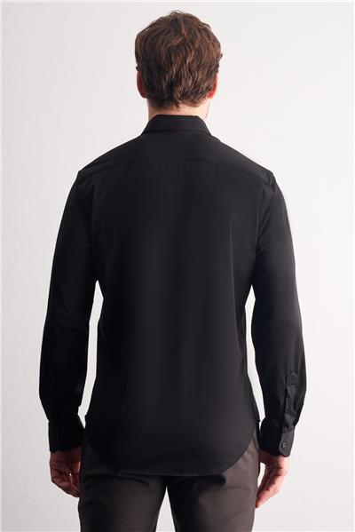 Siyah Düğmeli Yaka Örme Uzun Kol Performans Ürün Slim Fit Esnek Gömlek 1004255270