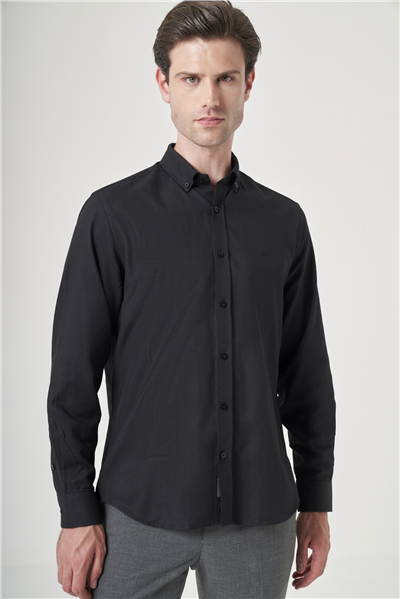 Siyah Düğmeli Yaka Oxford Slim Fit Pamuklu Gömlek 1004265124