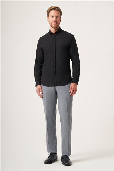 Siyah Düğmeli Yaka Oxford Slim Fit Pamuklu Gömlek 1004265125