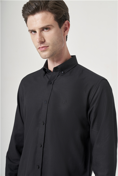 Siyah Düğmeli Yaka Oxford Slim Fit Pamuklu Gömlek 1004265124