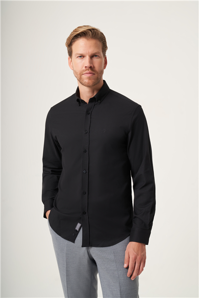 Siyah Düğmeli Yaka Oxford Slim Fit Pamuklu Gömlek 1004265125