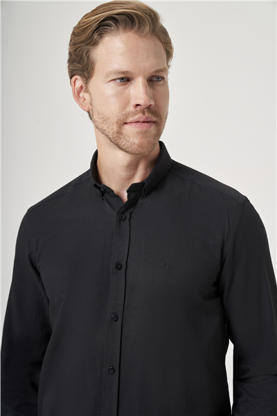 Siyah Düğmeli Yaka Oxford Slim Fit Pamuklu Gömlek 1004265284