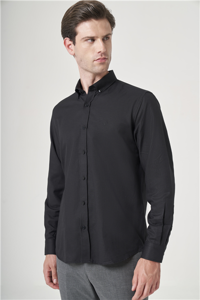 Siyah Düğmeli Yaka Oxford Slim Fit Pamuklu Gömlek 1004265124