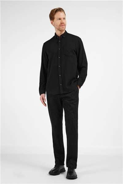 Siyah Düğmeli Yaka Cepli Uzun Kol Slim Fit %100 Pamuk Gömlek 1004255213