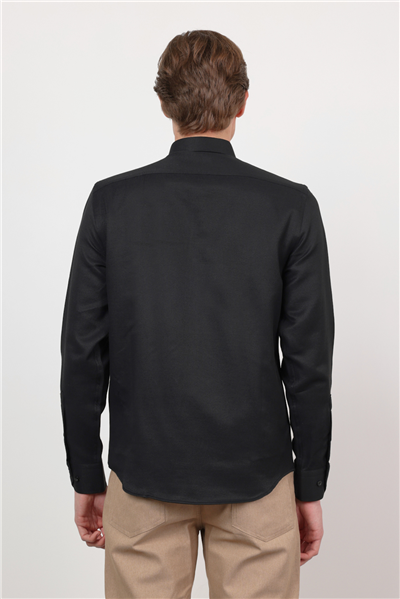 Siyah Düğmeli Yaka Uzun Kol Cepsiz Slim Fit Pamuklu Gömlek 1004260203