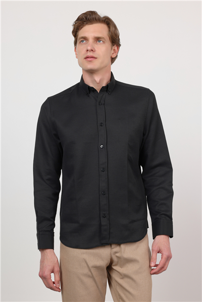 Siyah Düğmeli Yaka Uzun Kol Cepsiz Slim Fit Pamuklu Gömlek 1004260203