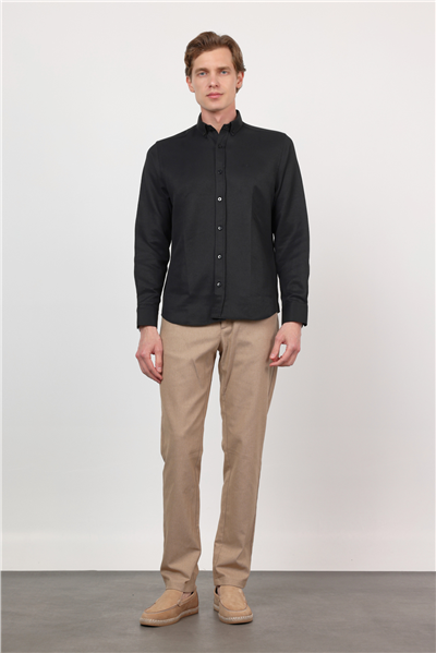 Siyah Düğmeli Yaka Uzun Kol Cepsiz Slim Fit Pamuklu Gömlek 1004260203