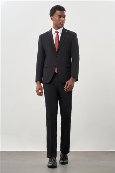 Siyah Düz Kılıç Yaka Yünlü 6 Drop Slim Fit Classic Takım Elbise 1001245179