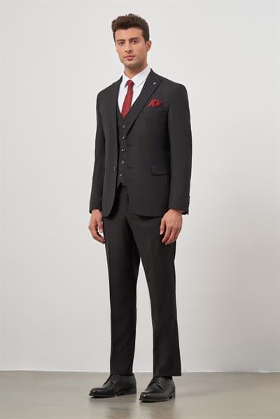 Siyah Düz Kılıç Yaka Çift Yırtmaç 2 Düğme Yelekli 6 Drop Slim Fit Classic Takım Elbise 1001245151
