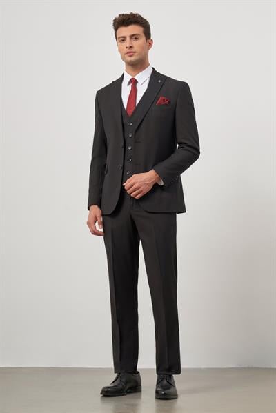 Siyah Düz Kılıç Yaka Çift Yırtmaç 2 Düğme Yelekli 6 Drop Slim Fit Classic Takım Elbise 1001245151